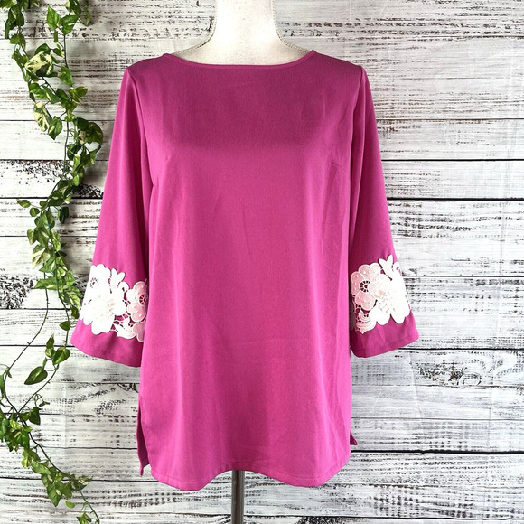 Linea by Louis Dell'Olio Blouse Tunic sz 4 Pink White Lace Boho Wedding Stretch - Picture 1 of 10